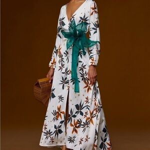 Fehaute Floral V Neck Long Sleeve A-Line Maxi Dress